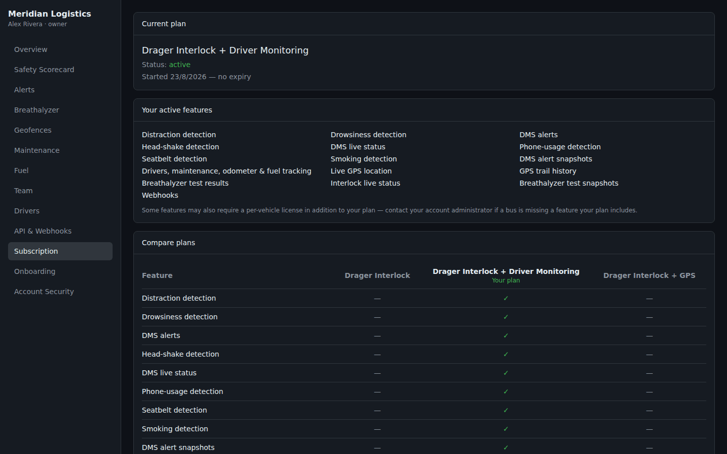 AegisFleet portal subscription page showing current plan, active features, and a plan comparison table
